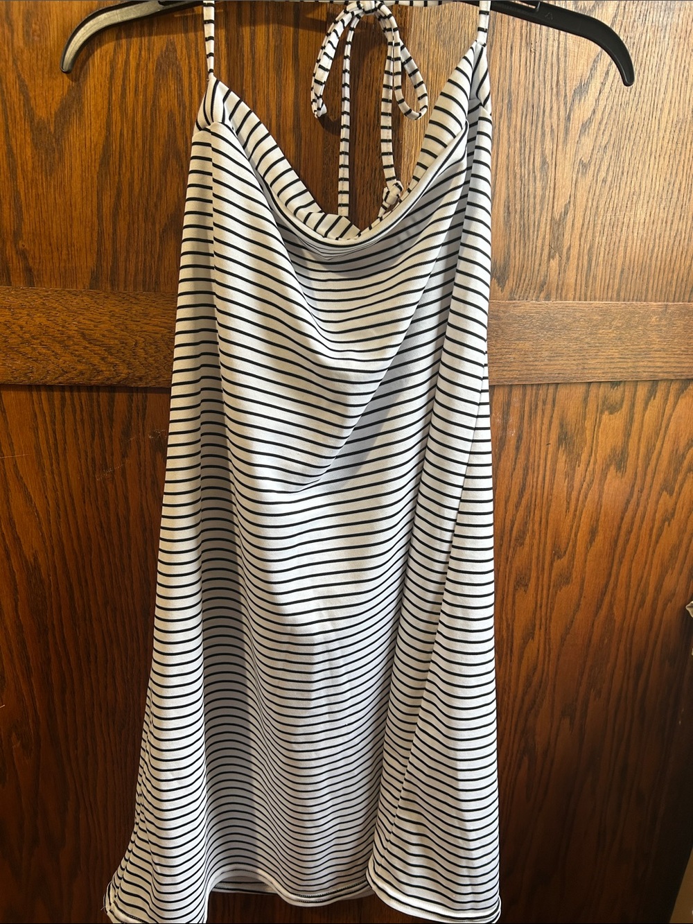 Petra Fashions Black and White Striped Cowl Neck Mini Dress